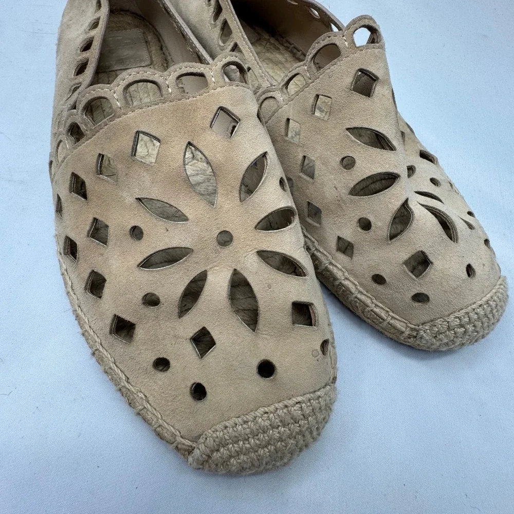 Tory Burch Espadrille Flats Women 8 Tan Laser Cut Suede Boho Summer Chic‎